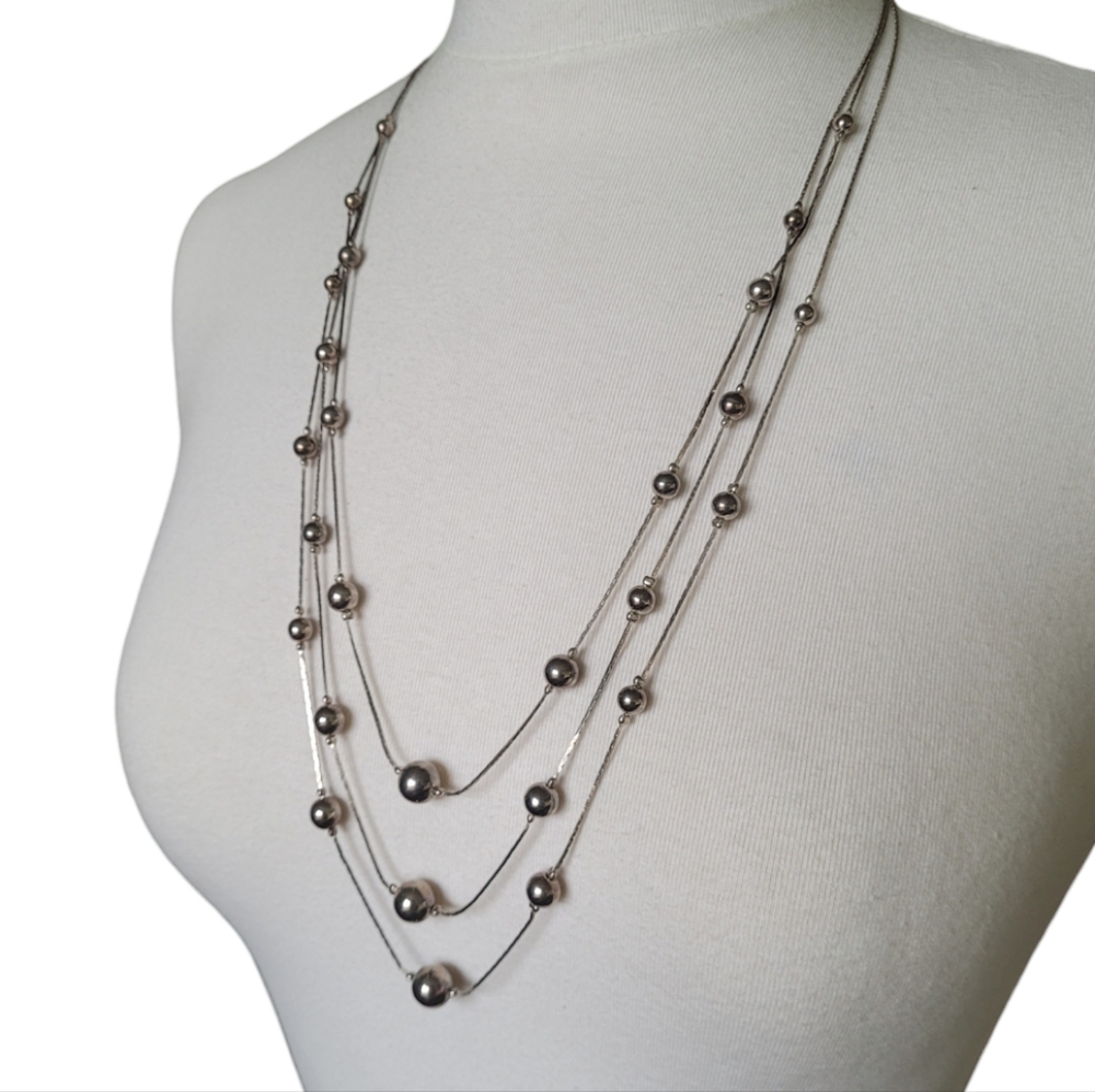 Vintage Silver Plated Station 3 Strand Necklace Korea Graduated Bead 25"-29"